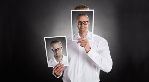 dystopian nightmare Happy vs Sad Man Holding Pictures