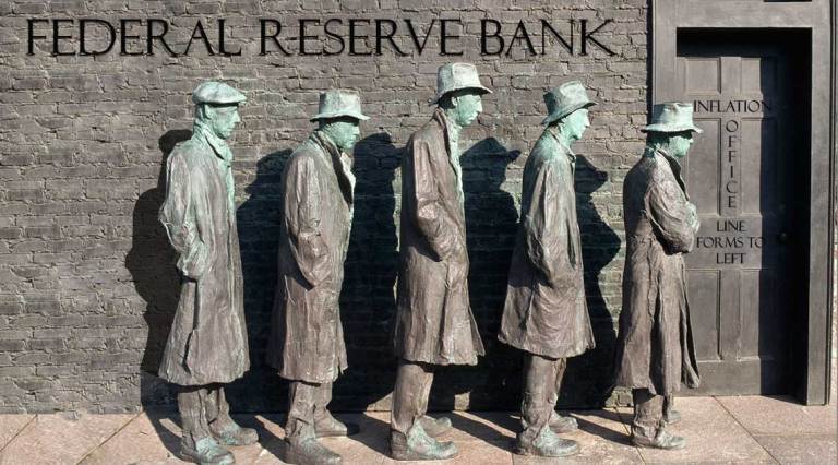 Depression Era Line of Men Statue Inflation