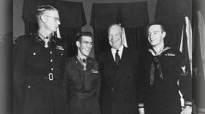 First Lieutenant Edward R Schowalter Jr with President Eisenhower at Medal of Honor Ceremony