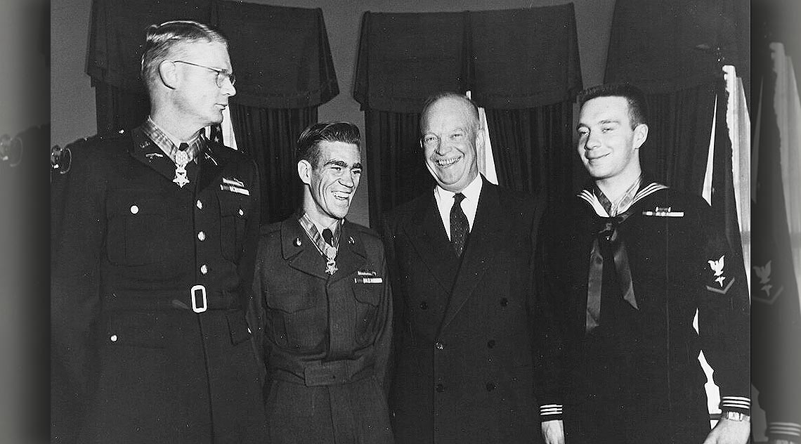First Lieutenant Edward R Schowalter Jr with President Eisenhower at Medal of Honor Ceremony